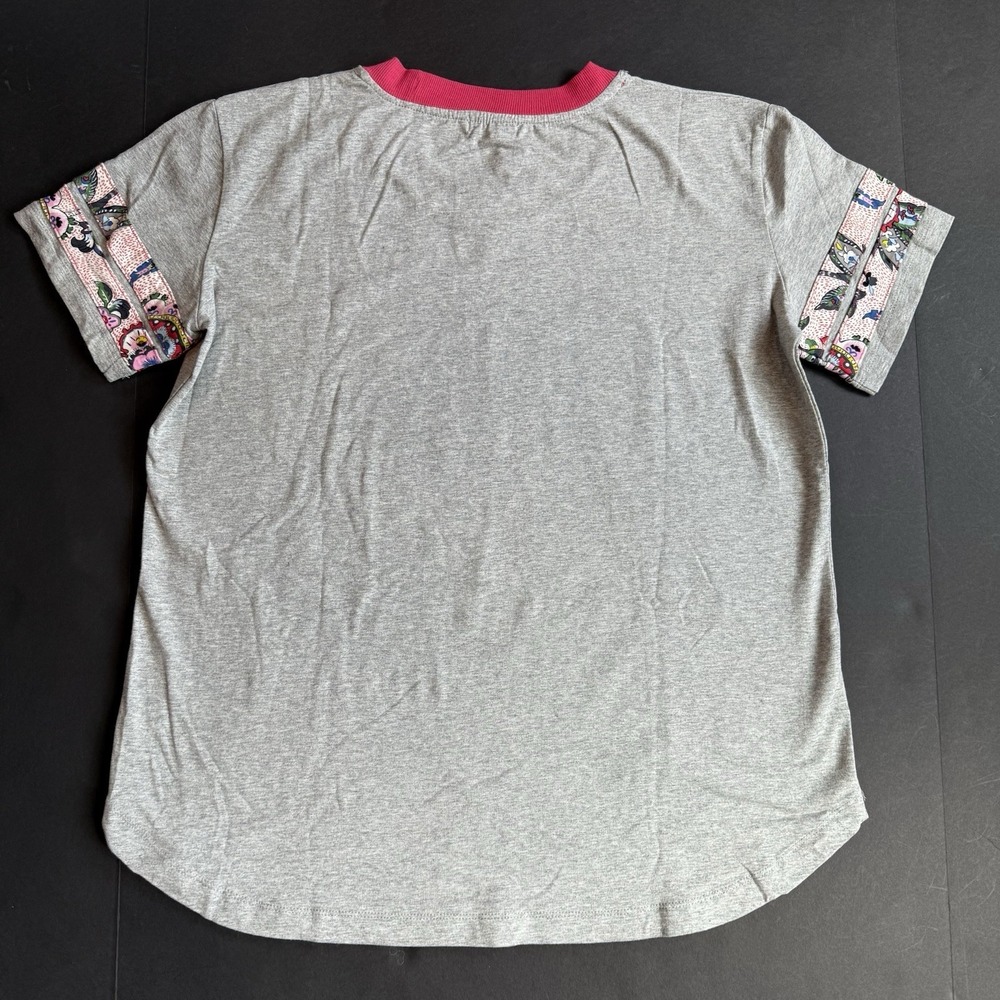 Vera Bradley Floral PJ Pajama T Shirt Top L 12 14 Pink Appliqued Ringer Baseball - Picture 6 of 8